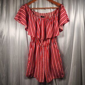 Soprano Red & Grey Striped Off the Shoulder Romper M